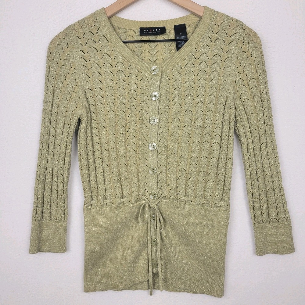 Vintage‎ 90s Axcess Liz Claiborne Pointelle Metallic Knit Cardigan M Sage Green